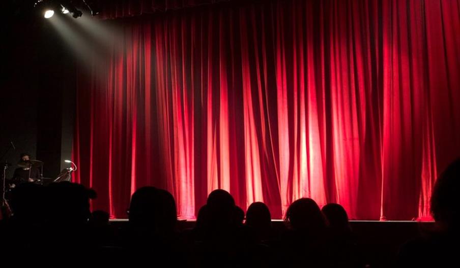 People sitting in a theatre in front of a red curtain