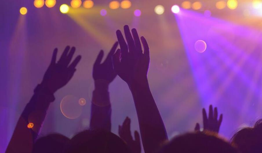Silhouette of a crowd with raised hands at a concert