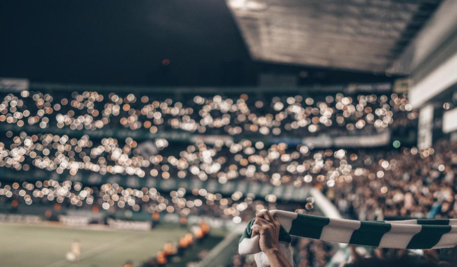 Fan holding green and white scarf at football game
