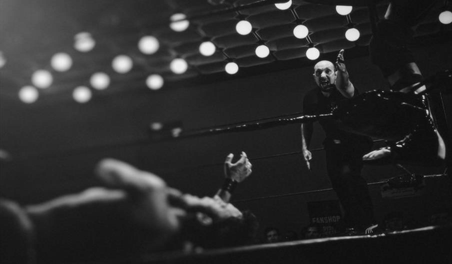 Wrestler down in the ring and referee gesturing with arm
