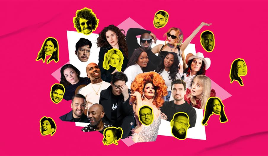 A collection of talking heads against a pink background representing Soho Theater in London